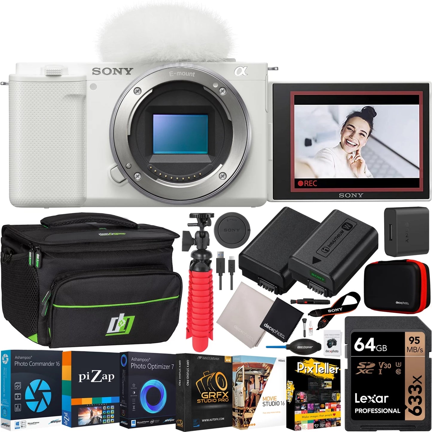 & (Body, ILCZV-E10/W + Lens Software Kit Case Photography Video ZV-E10 White) Interchangeable Extra Mirrorless + Battery Vlog Gear Sony Deco with Alpha Photo Camera APS-C Bundle Accessories